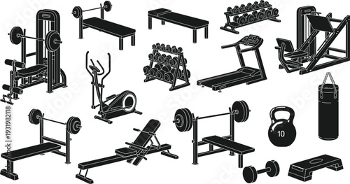 Gym equipment vector illustration, workout machine icons, fitness exercise artwork, strength training design, cardio sport scene, bodybuilding tools - flat vector illustration