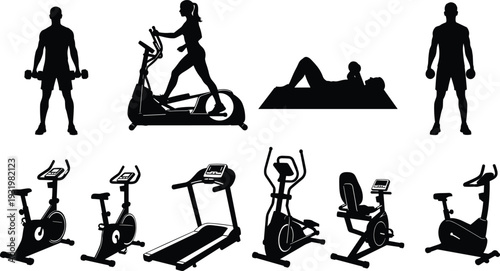 Gym exercise vector illustration, fitness equipment silhouettes, workout routine icons, dumbbell training, treadmill elliptical stationary bike artwork - flat vector illustration