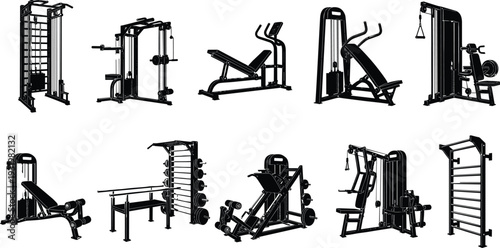 Gym machine silhouette vector illustration, fitness equipment icons, workout exercise artwork, strength training design, cardio sport scene - flat vector illustration