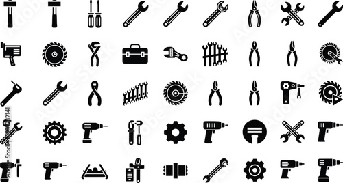 Hand tool and power tool silhouette icon collection with hammer, drill, saw, wrench, pliers, toolbox concept, construction vector design