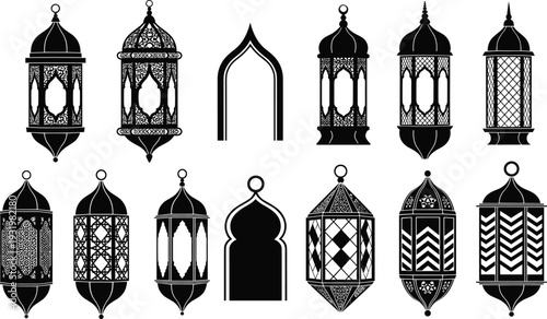 Islamic lantern and archway silhouette collection with ornate geometric designs, traditional cultural illustration, Ramadan festive concept, flat vector design