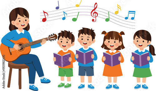 Teacher Playing Guitar and Cute Children Singing in Music Class, Elementary Students School Choir and Music Lesson Illustration Vector