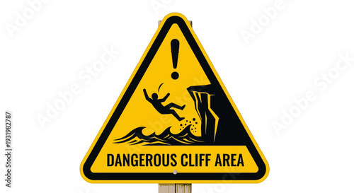 Warning sign for hazardous cliff area with falling person illustration.