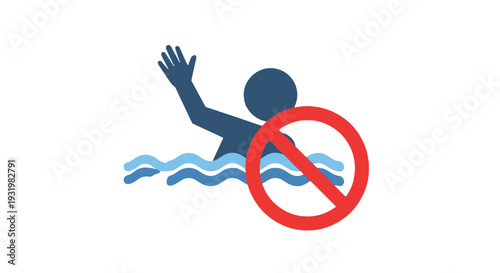 Prohibited swimming sign with person drowning in water.
