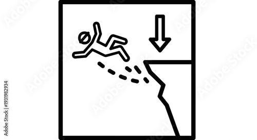 Simple black and white illustration of a person falling down a cliff.