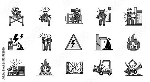 Collection of black and white safety hazard warning icons.