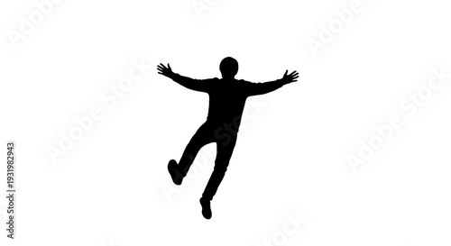 Silhouette of a person jumping in the air with arms outstretched.