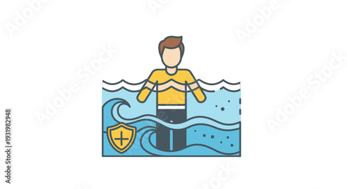 Man wearing life jacket in the water safety illustration.