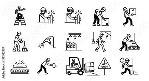 Collection of simple black and white construction worker icons.