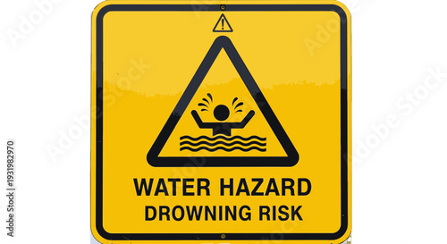 Warning sign indicating water hazard and drowning risk near a body of water.