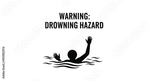 Warning sign indicating drowning hazard with person struggling in water.
