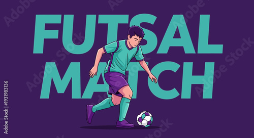 Dynamic Futsal Player Kicking the Ball in a Vibrant Illustration with Purple Background