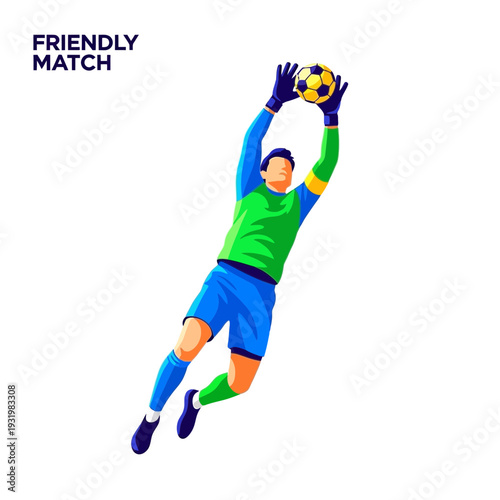 Dynamic Goalkeeper Soaring High, Capturing Soccer Ball During a Friendly Match, Vector Illustration
