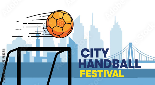Dynamic Handball Action in Urban Landscape Celebrating City Festival with Graphic Design Elements