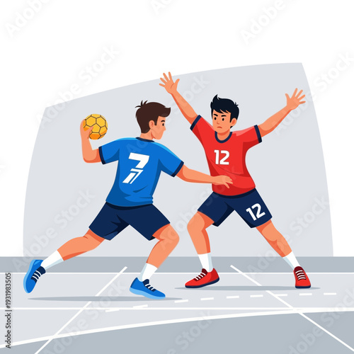 Dynamic Handball Match Depicting Competitive Players Engaging in Athletic Action and Gameplay