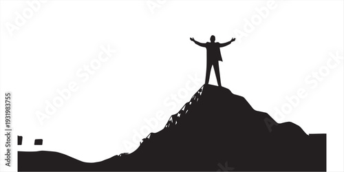 Silhouette of a businessman standing on a mountain peak looking at the sunrise over distant mountains