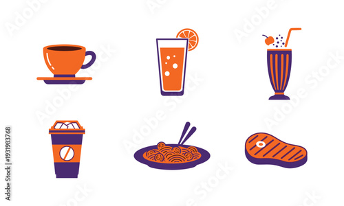 Colorful flat lay illustration of various food and drink items