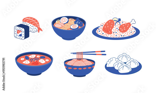 Colorful illustration featuring various asian dishes including sushi and noodles