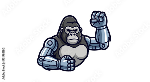 An illustration depicting a gorilla with robotic arms and a determined expression