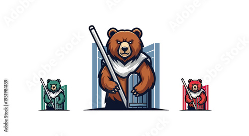 A stylized brown bear graphic with two variants, holding a pole, set against a gate