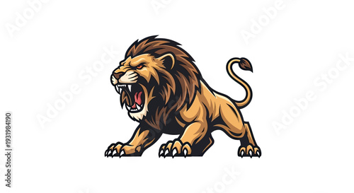 Illustration of a roaring lion in a stylized, aggressive pose. White background