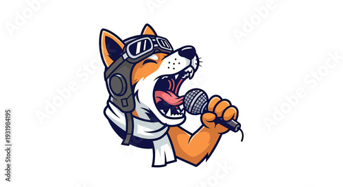 A cartoon dog, wearing a pilot helmet, singing into a microphone with mouth open