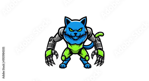 A fierce feline cyborg character with blue fur, green accents, and mechanical limbs