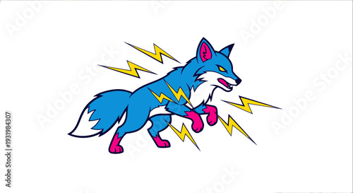 A stylized blue fox with pink accents and lightning bolts against a white background