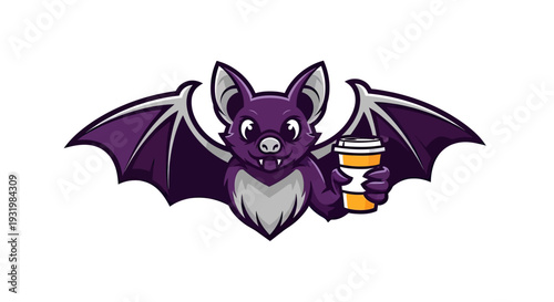 Cartoon bat with purple wings holding a coffee cup, set against white background