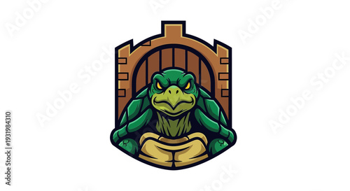 A stylized turtle illustration, centered within a brown wooden gate design