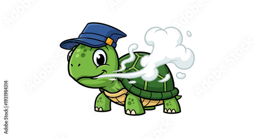 A cartoon turtle with a blue hat exhales a puff of smoke, smiling