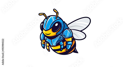 A cartoon-style bee, clad in blue and yellow armor, with wings, against a white backdrop