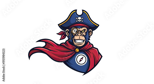 A smiling monkey, wearing a pirate hat with a skull, monocle, cape, and compass