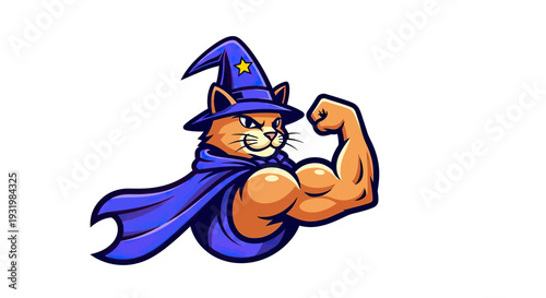 A strong cat wizard with a flexing bicep, wearing a cape and hat