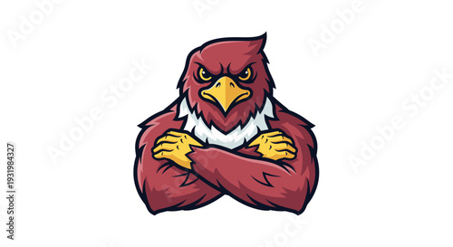 A red raptor with crossed arms and an angry expression on white background