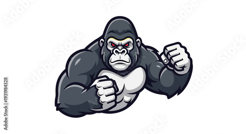 A menacing gorilla graphic with clenched fists, displaying power and strength, a fierce face
