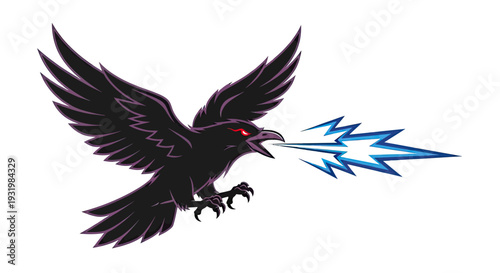 A stylized raven spews a stream of lightning on a white background