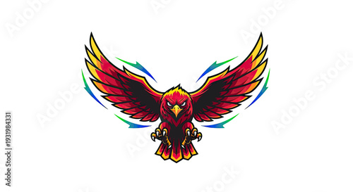 A stylized illustration of a bird of prey with wings spread, vibrant colors and sharp details