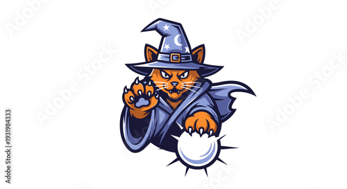 An orange cat in a wizard's cloak and hat, holding a crystal ball, on white background