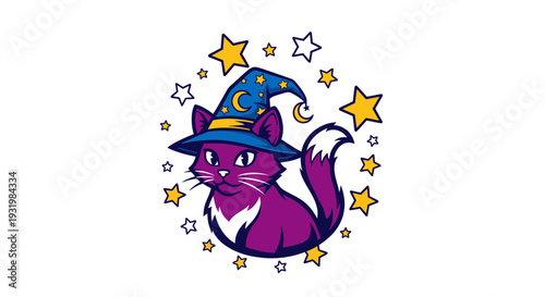 A purple cat with a wizard hat and surrounding stars