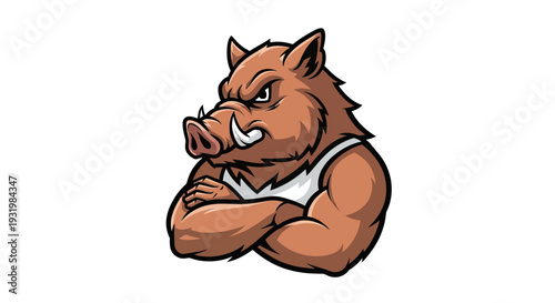Fierce cartoon boar with crossed arms, wearing a sleeveless top, on white