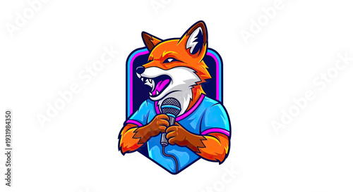 Cartoon fox with mic, in a blue shirt, within a shield. Vibrant colors on a white background