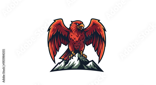 Red bird of prey with outstretched wings, perched on a mountain, set against white