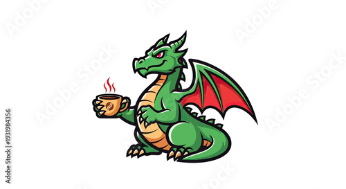 A cartoon dragon, green with red wings, holds a coffee cup, looking friendly