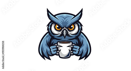Cartoon blue owl with intense stare, gripping a mug of dark liquid