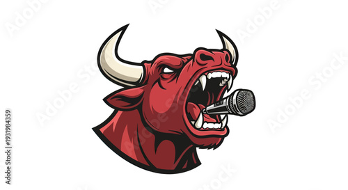 A red bull head roars with a microphone in its mouth, in a cartoon-like style