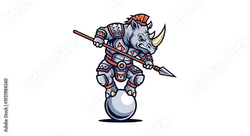 A rhino, clad in armor, balances on a ball, wielding a spear, a determined gaze fixed ahead
