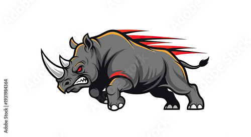 A fierce rhino charging forward with speed lines, red eyes, and a gray body