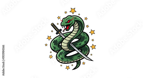 Green snake coiled around a katana, surrounded by stars, on a white background