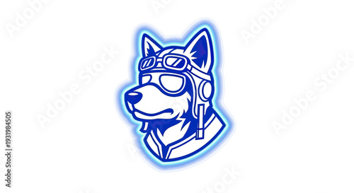 A stylized blue and white illustration of a dog wearing aviator goggles and a helmet